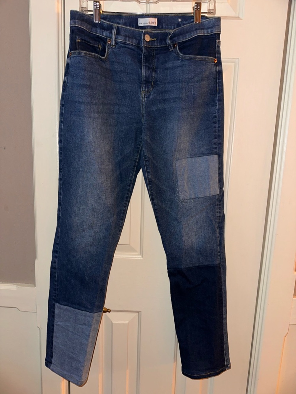 LOFT Patchwork Straight-Leg Jeans in Varied Blue Denim